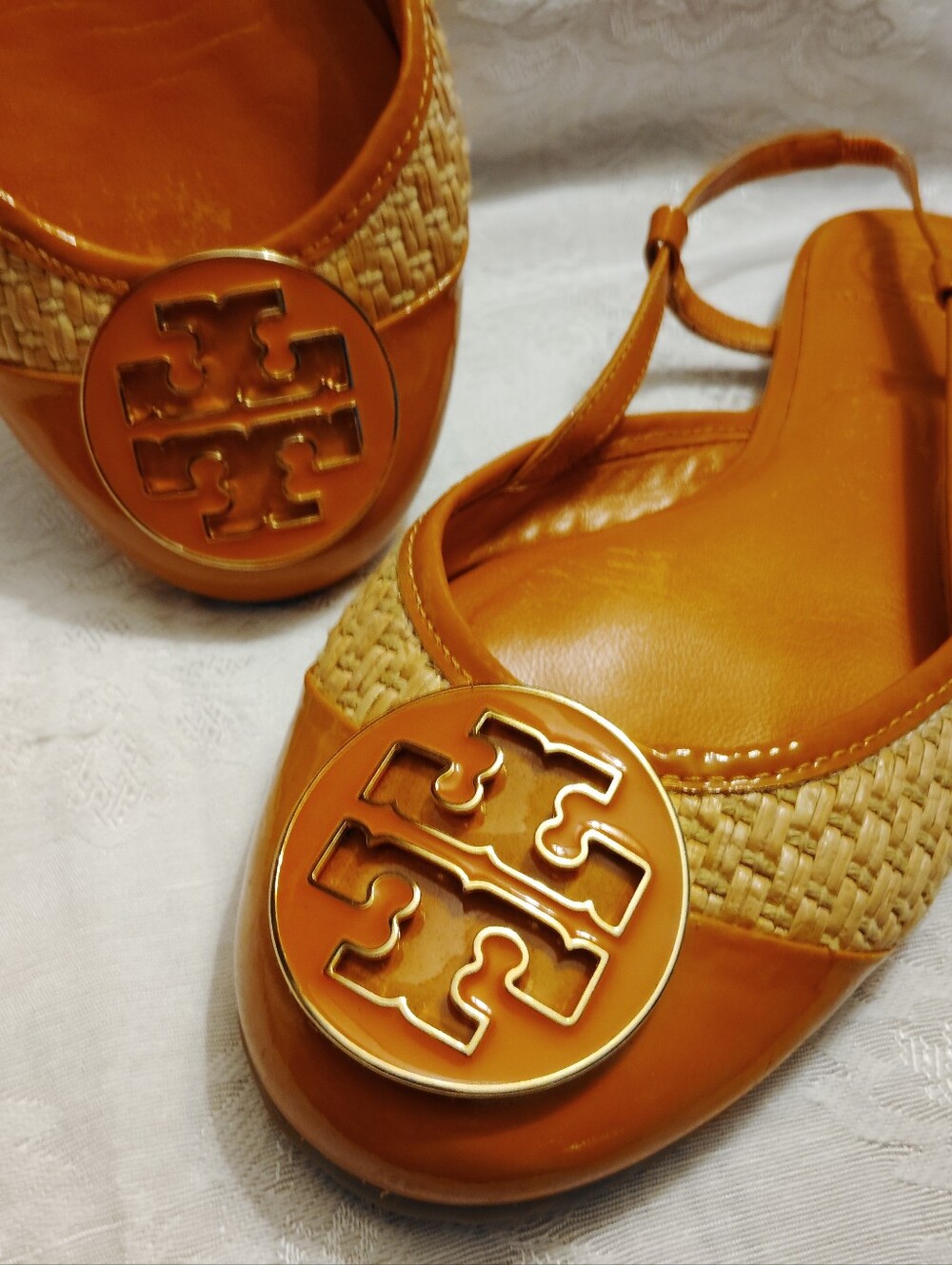 Tory Burch Raffia Patent Leather Logo Flat Slingbacks Orange Sz 8 M